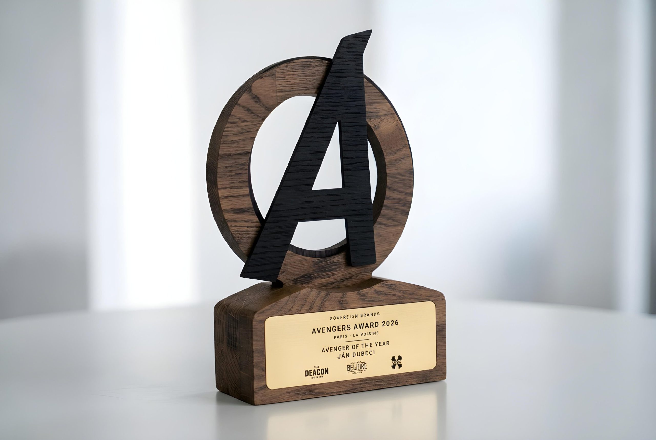 Trophée en bois sur-mesure : cercle en chêne massif, lettre A en chêne teinté noir et socle avec plaque en laiton gravée et incrustée, Avengers Award 2026
